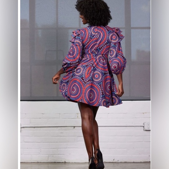 D'IYANU Anola Women's African Print Dress (Red Indigo Circles) NWT 1X - Picture 3 of 14
